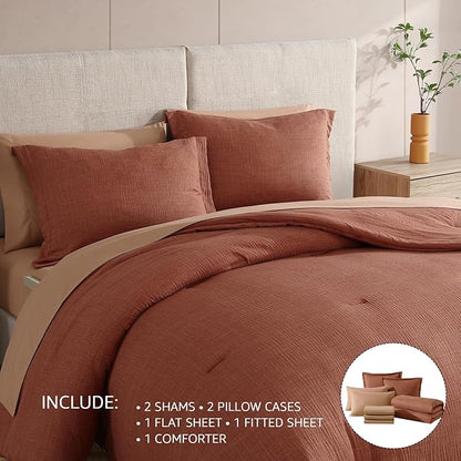 Geniospin King Size Comforter Set- 7 Pieces Terracotta Textured King Bedding Set, Soft Solid Bed in a Bag for All Seasons, Fall Comforter Set with Sheets