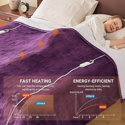 Electric Heated Blanket Twin Size 62''x84'' Soft Flannel & Sherpa Electric Blanket with 10 Heating Levels, Automatically Shut Down After 8h with Overheat Protection Machine Washable