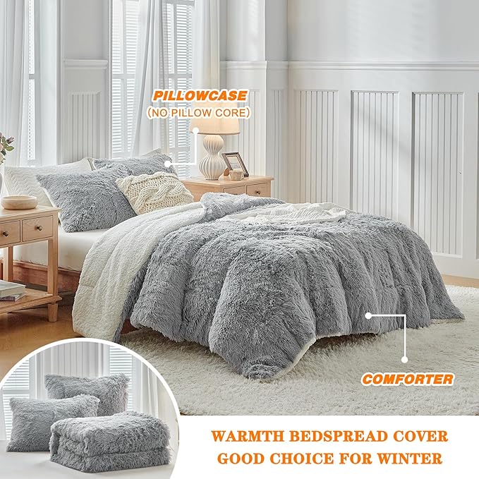 UOZZI BEDDING Gray Faux Fur Comforter Set King 3 Pieces - 1 Shaggy Comforter 104x90 and 2 Pillowcases, Ultra Soft and Easy Care Luxury Plush Super Warm Winter Shaggy Duvet Set