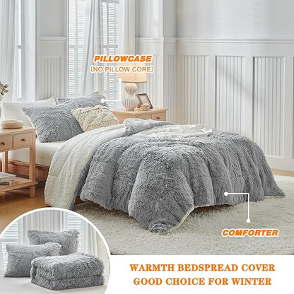 UOZZI BEDDING Gray Faux Fur Comforter Set King 3 Pieces - 1 Shaggy Comforter 104x90 and 2 Pillowcases, Ultra Soft and Easy Care Luxury Plush Super Warm Winter Shaggy Duvet Set