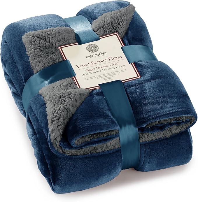 Genteele Sherpa Throw Blanket Super Soft Reversible Ultra Luxurious Plush Blanket, 60 x 70 inches, Navy/Gray