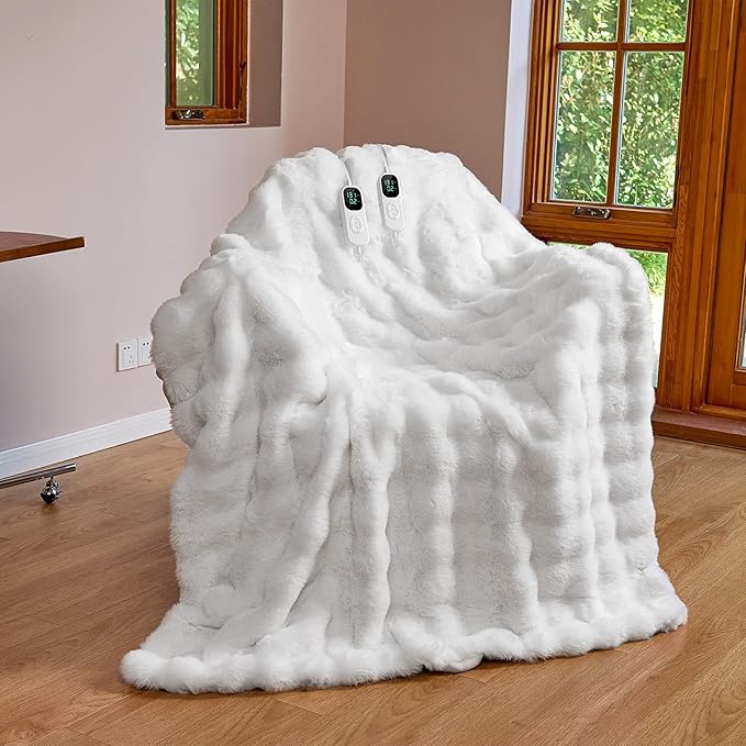 IUUI Electric Heated Blanket King 90''x100'',Luxury Faux Rabbit Fur Heating Throw Blankets,Fast Heating with 1/2/4/6/8/10 Hours,Overheat Protection, Quick Heating, Memory Function, Gift-Ready Design