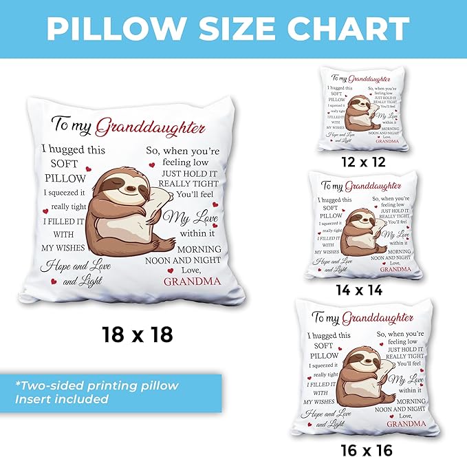 Hyturtle Personalized to My Granddaughter Pillow (Insert Included) Gifts from Grandma - Birthday Graduation Gifts for Granddaughter - Sloth Custom Name Sofa Couch Cushion Home Decor Throw Pillow