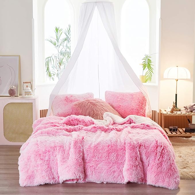 Flysheep Luxury Faux Fur Shaggy Fluffy Comforter Set King Size Mixed Blush Pink and White Long Hair, 3 Pieces Plush Flannel Sherpa Backing Reversible Soft Microfiber Bedding Set Super Warm for Winter