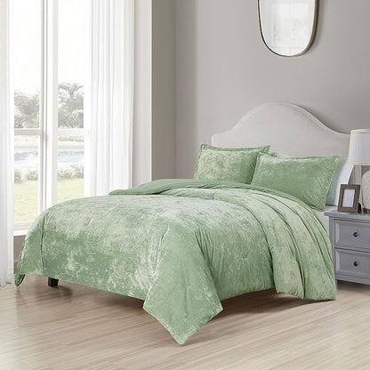 Luxury Velvet King Size Comforter Set, 3 Pieces Reversible Brushed Solid Microfiber Back, All Season Cozy, Soft, Warm (Sage Green,104x90 in)