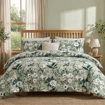 100% Cotton Comforter Queen Size Sage Green Floral Bedding Set Reversible Botanical Comforter Set 3 Pcs Cottagecore Aesthetic Soft Bedding Sets for All Season