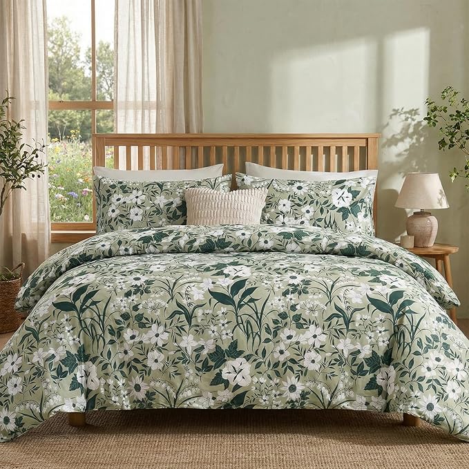 100% Cotton Comforter King Size Sage Green Floral Bedding Set Reversible Botanical Comforter Set 3 Pcs Cottagecore Aesthetic Soft Bedding Sets for All Season