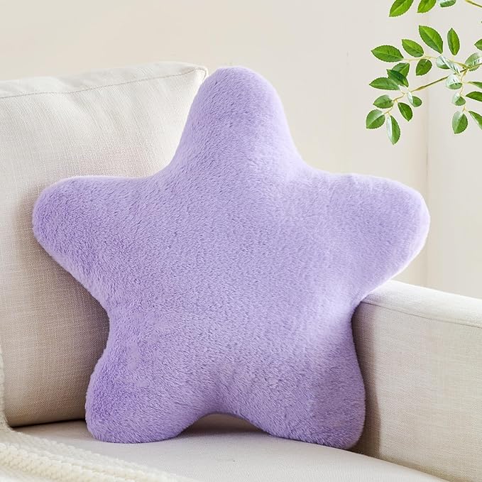 Star Pillow 15.7" Purple Star Shaped Decorative Throw Pillow for Couch Bed Aesthetic Plush Floor Seating Cushions with Soft Faux Rabbit Fur for Sofa Bedroom Living Room