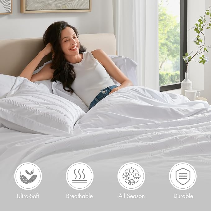 Madison Park Essentials Striped Comforter Set Cal King, 7 Pieces Modern Minimalist Jacquard Bedding Set for All Season, Bed in A Bag with Sheet Set and Soft Brushed Reverse, Lightweight White