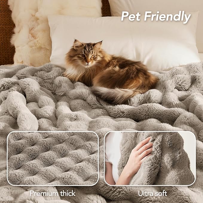 L'AGRATY Faux Rabbit Fur Blanket: 60" x 80" Twin Luxury Soft Fluffy Thick Fur Throw Blanket for Couch Bed Sofa - Cozy Plush Bubble Blankets for Winter: Flannel Fleece Decorative Blanket(Castle Grey)