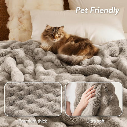 L'AGRATY Faux Rabbit Fur Blanket: 60" x 80" Twin Luxury Soft Fluffy Thick Fur Throw Blanket for Couch Bed Sofa - Cozy Plush Bubble Blankets for Winter: Flannel Fleece Decorative Blanket(Castle Grey)