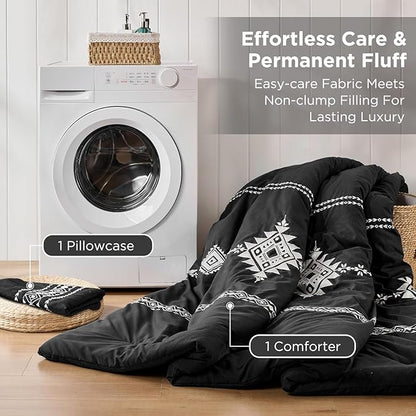 Embroidered Boho Comforter Set Twin Size, 2-Piece Western Shabby Chic Bedding Sets - Fluffy Ultra Soft Microfiber with Intricate Design, Includes Comforter & 1 Pillowcase, Black(68"x88")