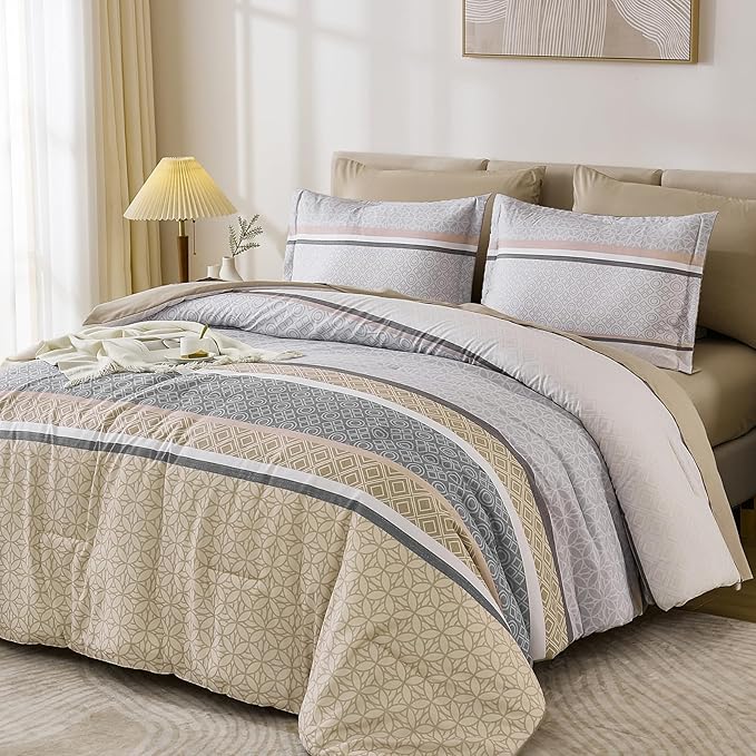 WONGS BEDDING Beige Comforter Set King Size,7 Pieces Striped Bed in a Bag Comforter and Sheet Set,Patchwork Soft Lightweight Micorfiber Bedding Set for All Seaon (90"×104")