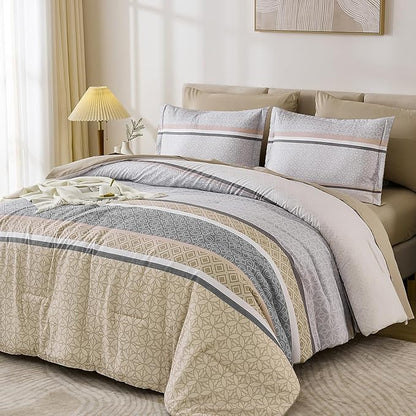 WONGS BEDDING Beige Comforter Set King Size,7 Pieces Striped Bed in a Bag Comforter and Sheet Set,Patchwork Soft Lightweight Micorfiber Bedding Set for All Seaon (90"×104")