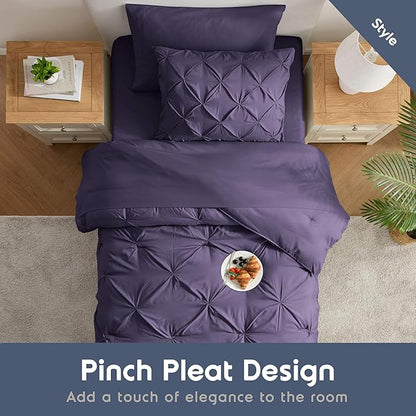 Nestl Twin Comforter Set 5 Piece - Pintuck Twin Bedding Sets Purple, College Dorm Room Essentials for Girls and Boys Bed in a Bag Twin All Season, Twin Comforter Set with Sheets, Pillowcase and Sham