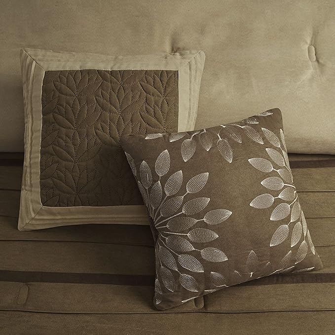 Madison Park Palmer Comforter Set-Luxury Faux Suede Design, Striped Accent, All Season Down Alternative Bedding, Matching Shams, Decorative Pillow, Bed Skirt, Queen (90 in x 90 in), Natural 7 Piece
