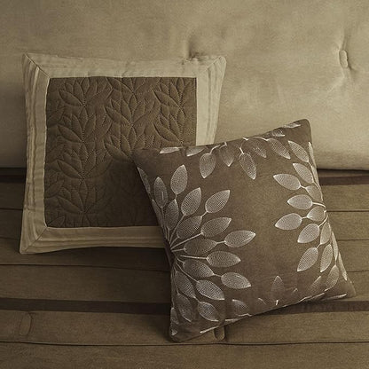 Madison Park Palmer Comforter Set-Luxury Faux Suede Design, Striped Accent, All Season Down Alternative Bedding, Matching Shams, Decorative Pillow, Bed Skirt, Queen (90 in x 90 in), Natural 7 Piece