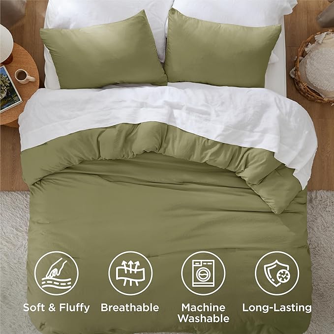 Bedsure Queen Comforter Set, Olive Green Soft Prewashed Bedding for All Seasons, 3 Pieces GentleSoft™ Bed Set, 1 Lightweight Comforter (90"x90") and 2 Pillowcases (20"x26")