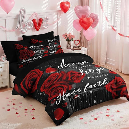 Nesker 7 Pcs Valentine's Day Comforter Set King Size, Romantic Red Rose Bedding Set for Kids and Adults, Happy Sweet Love Bed Sheet Sets with Fitted Sheet 2 Pillowcases & 2 Shams