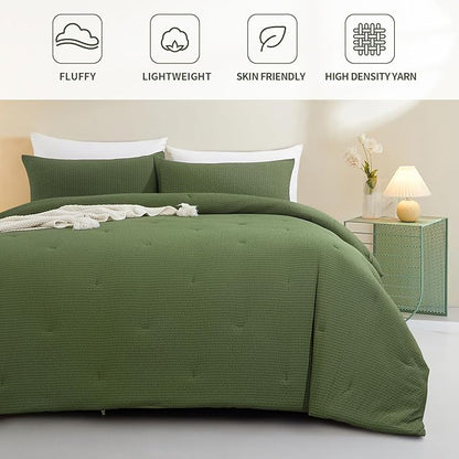 HOMBYS 3 Piece Seersucker Oversized King 120x120, Breathable Olive Green Soft Lightweight Bedding Comforter Sets with Comforter for All Season