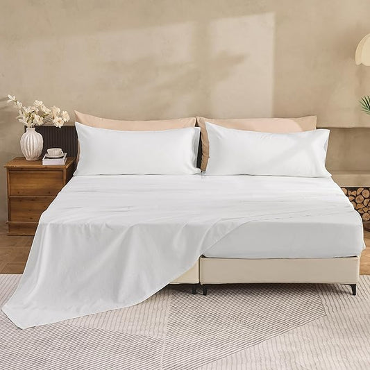 Simple&Opulence Belgian Linen Sheet Set Solid Color - 5 Pieces (1 Flat Sheet, 2 Fitted Sheets & 2 Pillowcases) Natural Flax Cotton Blend Soft Breathable Farmhouse Bedding - Split King Size, White