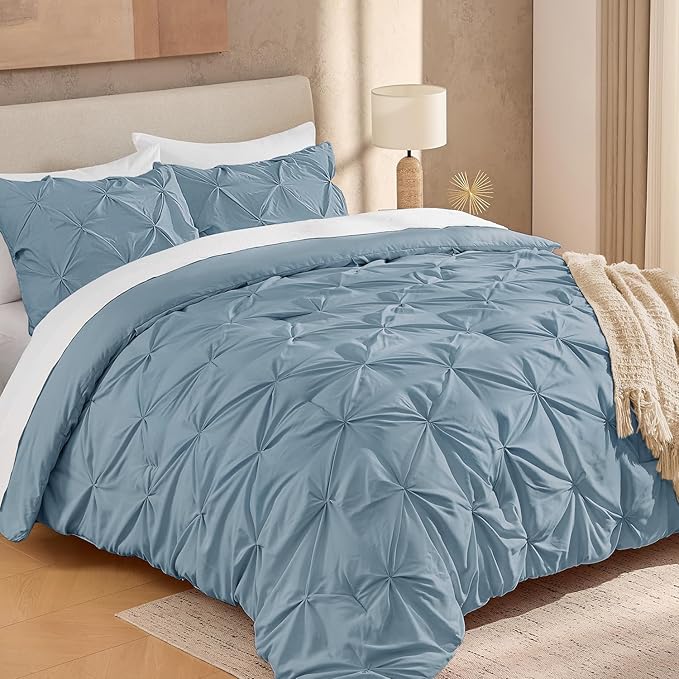 Andency Grayish Blue Pinch Pleat Comforter Twin(66x90Inch), All Season 2 Pieces(1 Pintuck Comforter, 1 Pillowcase) Microfiber Pintuck Comforter Sets Down Alternative Comforter Bedding Set