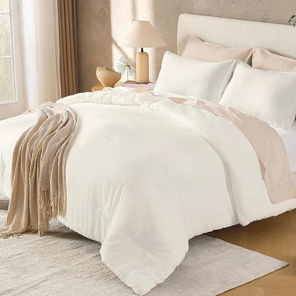 Andency Ivory California King Comforter Set, 3 Pieces Cream Cal King Lightweight Soft Solid Bed Comforter, Oversized Fluffy Microfiber Bedding Set (104x96In, 2 Pillowcases)
