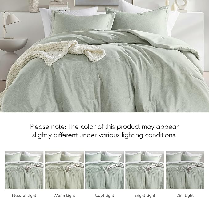 Twin/Twin XL Size Comforter Set, Lightweight Sage Green Soft Bedding for All Seasons, 2 Pieces Chambray Print Solid Farmhouse Bed Set, Comforter & Sham