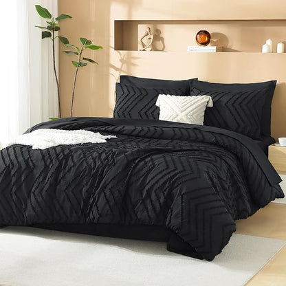 Litanika Oversized King Size Comforter Set with Sheets Black - 7 Pieces Bed in a Bag Oversized King Boho Tufted Complete Bedding Sets with Comforter, Sheets, Pillowcases & Shams