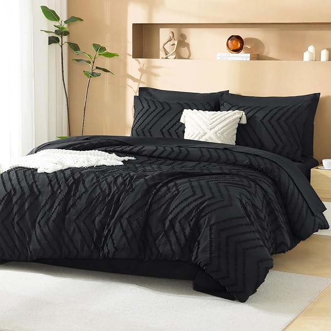 Litanika Black King Size Comforter Set with Sheets - 7 Pieces Bed in a Bag King Tufted Complete Bedding Sets with Comforter, Sheets, Pillowcases & Shams