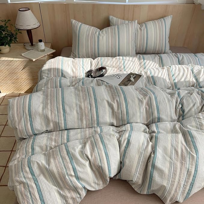 HighBuy Vintage Striped Comforter Set Queen Size - 3 Piece Blue Grey Stripes Pattern Bedding Set Fluffy Soft 100% Washed Cotton Comforter with 2 Pillowcases,Breathable,Striped Comforter Sets