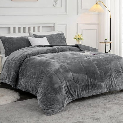 YIYEA Fluffy Queen Size Comforter Set, Luxury Faux Fur Comforter, Ultra Soft Plush Fuzzy Velvet Bedding Comforter Sets for Fall Winter, Cozy Warmth, No Shedding, 3PC, Queen, Dark Grey