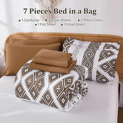 Luxudecor Brown Comforter Set Queen Size 7 Pieces,Boho Aztec Comforter with Sheet Set,Geometric Striped Pattern Bed in a Bag,Soft Microfiber Bed Set 90"x90"