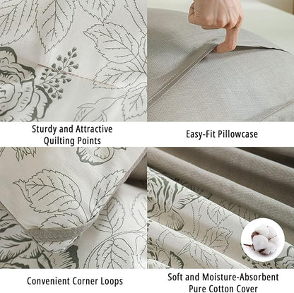 Vintage Botanical Cotton Comforter King Size 3PC - Elegant Floral Sketch on Ivory White with Tan Herringbone Reverse – Reversible Lightweight Comforter Set with Soft Fill(104"×90")