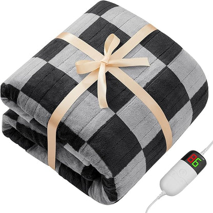 Heated Electric Blanket Throw, 50X60 Heating Blanket with 10 Heat Level & 8 Hours Auto Off for Lap, Black Gray Checkered Plaid Soft Sherpa Blankets Warmer Gifts for Couch Grandma Women Adults
