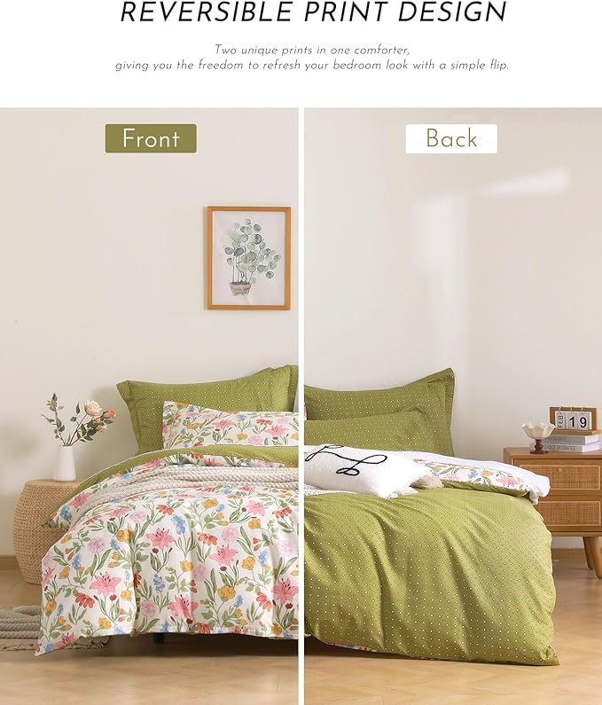 Luxurious Cotton 3pcs Floral Comforter Sets King Size - Blush, Yellow & Blue Spring Garden Floral Prints on White, Warm Olive Green Reverse,Vintage Lightweight Bedding Sets(King 104"×90")