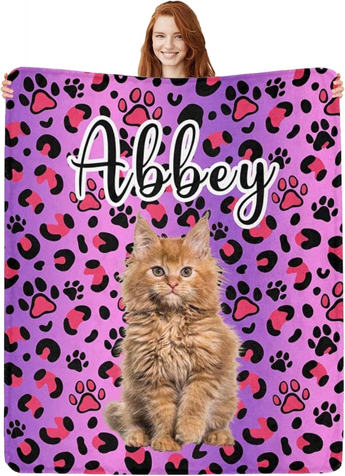 Custom Pet Name Blanket Personalized Dog Memory Blankets with Photos Customized Puppy Blanket for Large Medium Small Dog, Dog Gift for Dog Lovers Mom Dad Cute Dog Cat Paw Prints