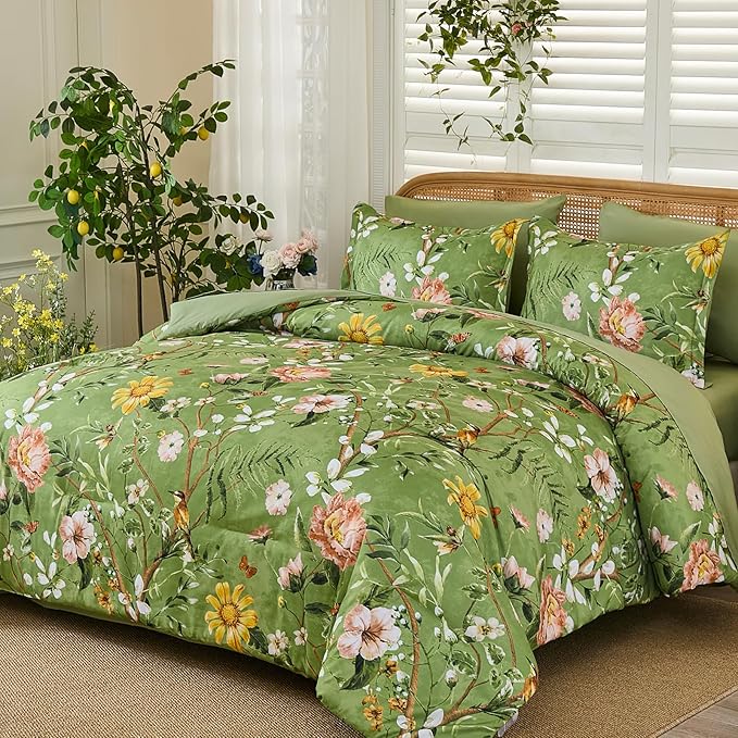 Yiran Sage Green Hibiscus Floral Comforter Set Queen Size, 7 Piece Bird Flowers Botanical Comforter Bedding Set, Vintage Bed in a Bag, Soft Microfiber Complete Bedding Set with Sheets for All Season