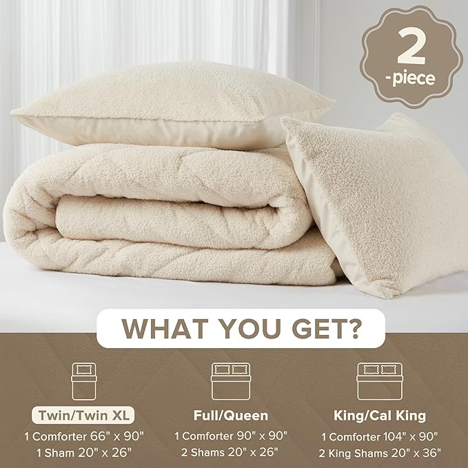 Comfort Spaces Twin Comforter Set Reversible Feather-Soft Plush Comforters for Twin Size Bed All Season Lightweight Shearling Fleece Sherpa Comforter Twin Size Bed Set, Twin/Twin XL, Ivory 2 Piece
