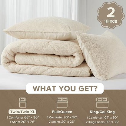 Comfort Spaces Twin Comforter Set Reversible Feather-Soft Plush Comforters for Twin Size Bed All Season Lightweight Shearling Fleece Sherpa Comforter Twin Size Bed Set, Twin/Twin XL, Ivory 2 Piece