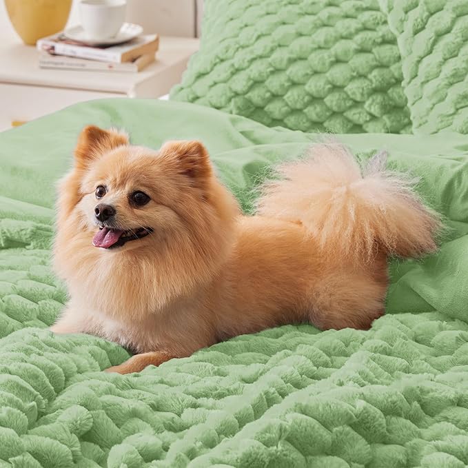 BEDELITE Fluffy Queen Comforter Set - Grass Green Fleece Soft Comforter for Queen Size Bed, Luxury Warm Bedding Set for Winter, Fuzzy Bed Set 3 Pieces (1 Comforter, 2 Pillowcases)