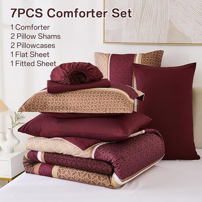 WONGS BEDDING Burgundy Comforter Set King Size,7 Pieces Maroon Striped Bed in a Bag Comforter and Sheet Set,Patchwork Soft Lightweight Micorfiber Bedding Set for All Seaon (90"×104")