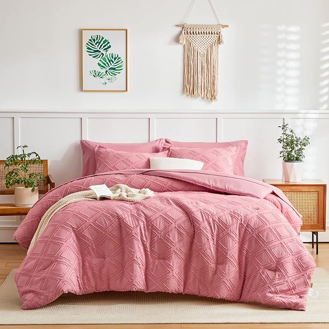 6 Pieces Tufted Bed in a Bag Twin Comforter Set with Sheets Pink, Soft and Embroidery Shabby Chic Boho Bohemian, Luxury Solid Color with Diamond Pattern, Jacquard Tufts Bedding Set for Kids Girls