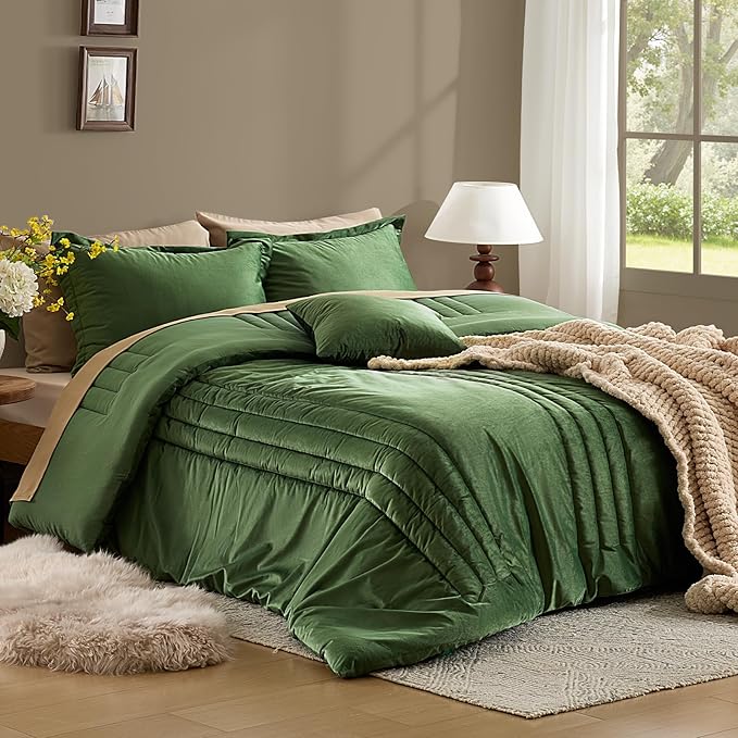 MUSSEL Olive Green Queen Comforter Set 3 Pieces,Luxury Lightweight Fluffy All Season Cozy Velvet Bedding Comforter Sets,Neutral Striped Bedroom Comforter with 2 Shams