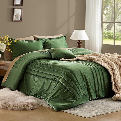 MUSSEL Olive Green Queen Comforter Set 3 Pieces,Luxury Lightweight Fluffy All Season Cozy Velvet Bedding Comforter Sets,Neutral Striped Bedroom Comforter with 2 Shams