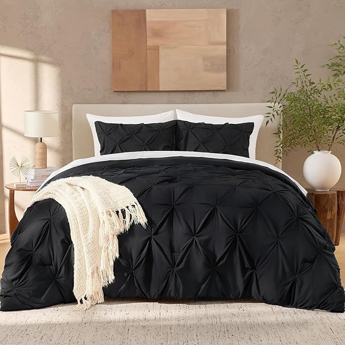 Andency Black Pinch Pleat Comforter Twin(66x90Inch), 2 Pieces(1 Pintuck Comforter, 1 Pillowcase) Pintuck Comforter Set,Microfiber All Season Down Alternative Comforter Bedding Set