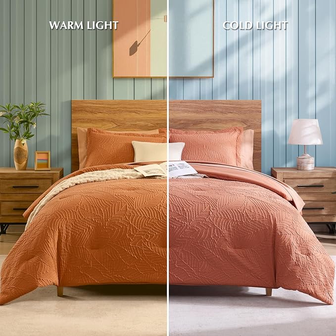 Geniospin Full Size Comforter Set - 7 Pieces Burnt Orange Bedding Set, Botanical Textured Fall Comforter Set, All Season Lightweight Bed in a Bag with Comforter, Sheets, Pillowcases & Shams