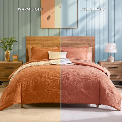 Geniospin King Size Comforter Set - 7 Pieces Burnt Orange Bedding Set, Botanical Textured Comforter Set, All Season Lightweight Bed in a Bag with Comforter, Sheets, Pillowcases & Shams