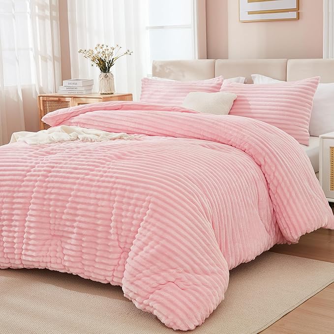 Andency Pink Fleece King Comforter Set, 3 Pieces Comforter for King Size Bed, Soft Warm Fluffy Fuzzy Luxury Plush Bedding Comforter Set for Winter (1 Comforter & 2 Pillowcases)