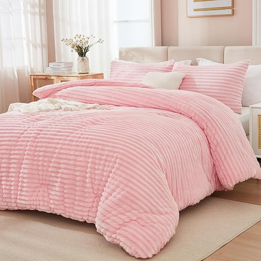 Andency Pink Fleece King Comforter Set, 3 Pieces Comforter for King Size Bed, Soft Warm Fluffy Fuzzy Luxury Plush Bedding Comforter Set for Winter (1 Comforter & 2 Pillowcases)